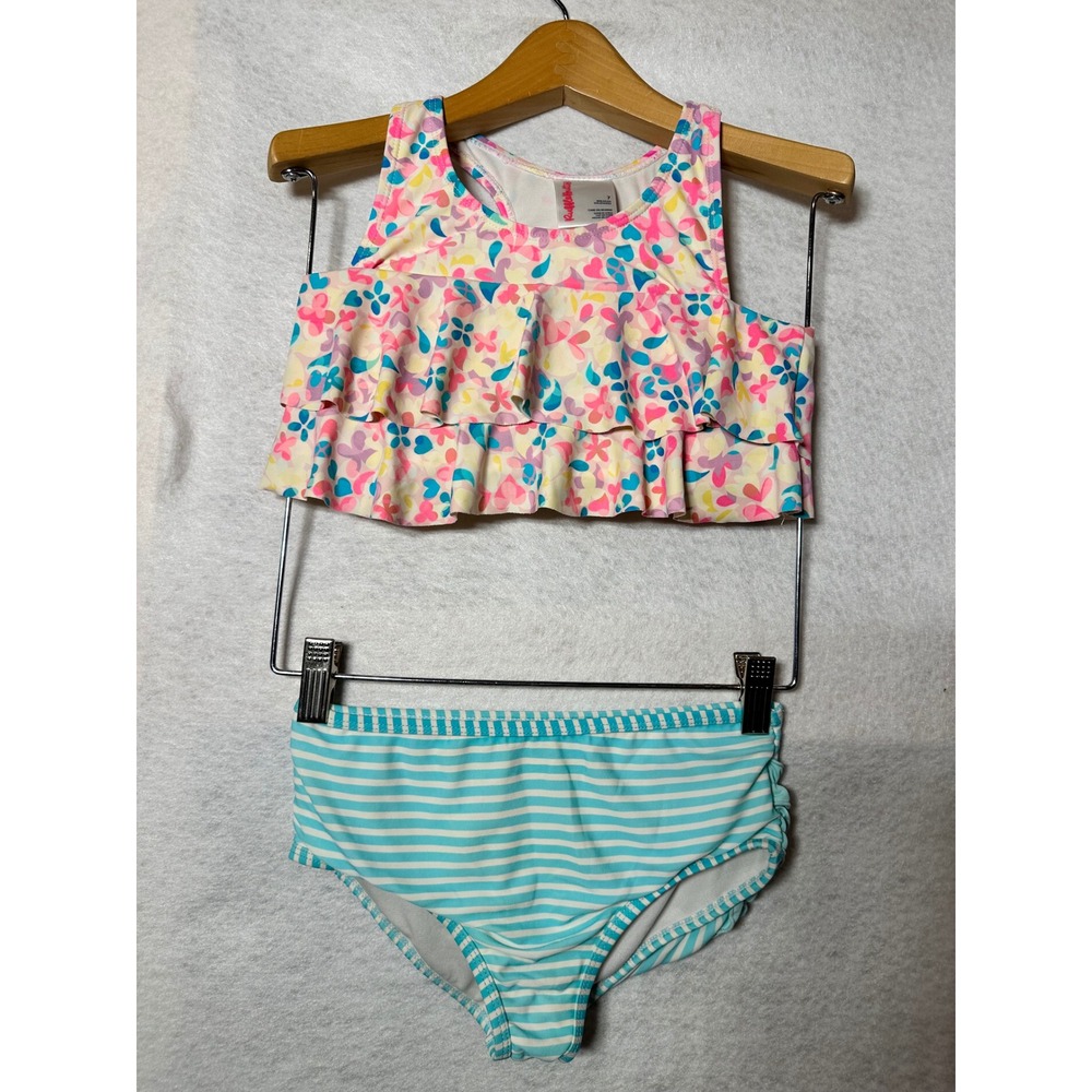 RuffleButts Girls Two Piece Swimsuit Floral Heart Stripe Ruffle Tankini Size 7‎